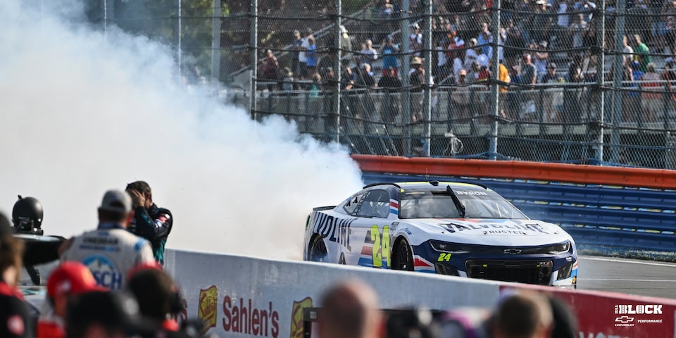 Chevrolet’s William Byron celebrates after driving his Camaro ZL1 to victory in Sunday’s NASCAR Cup Series race at Watkins Glen.