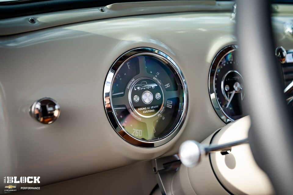 The Young at Heart Customs logo adorns the gauges of the 1949 Chevrolet 3100. Sam Goldsmith had the logo added as a surprise for his builder.