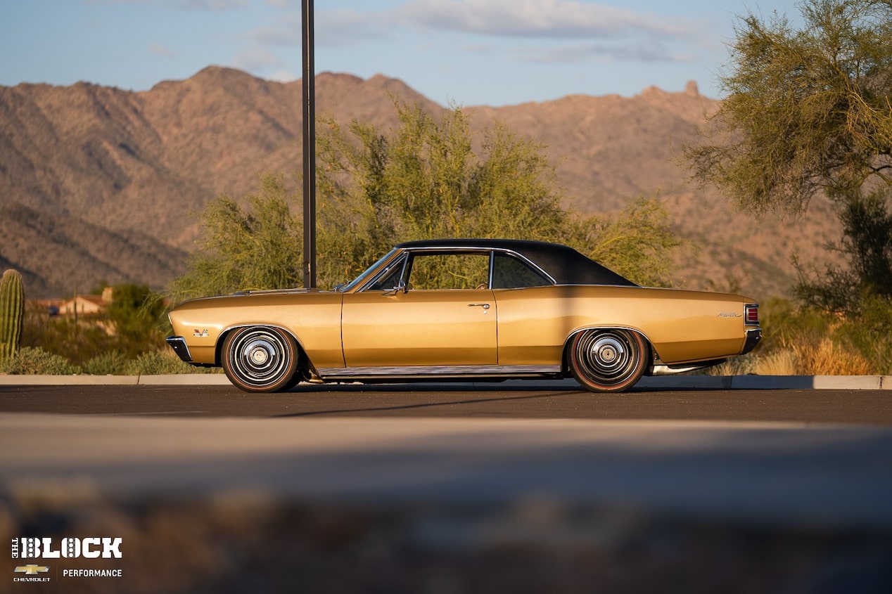 The gold Chevelle glistens in the Scottsdale sun during golden hour.