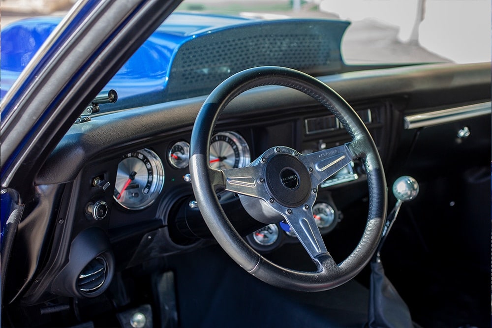 The driver's view from inside the Chevelle.