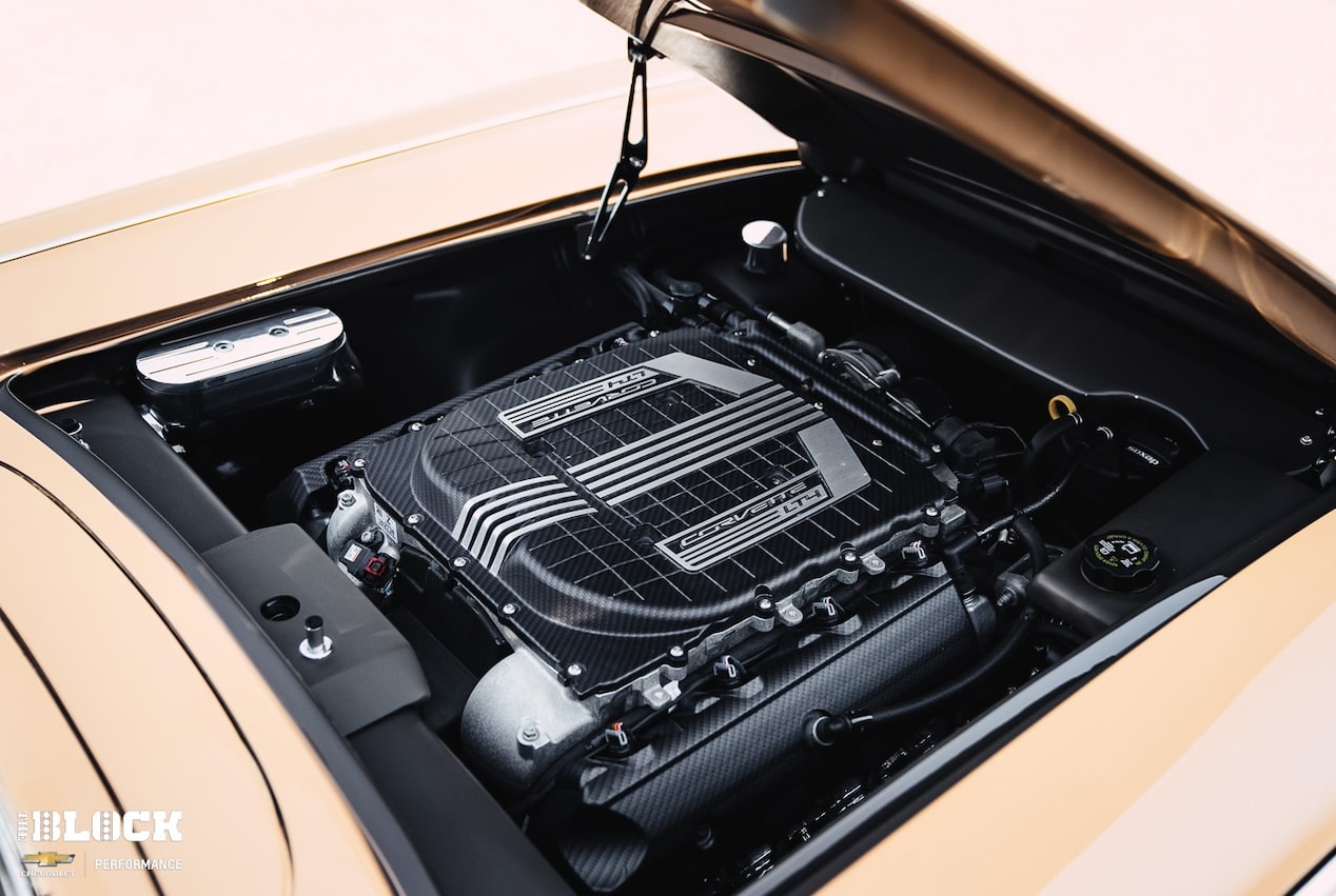 A Chevrolet Performance LT4 crate engine* fits snugly in the engine bay of Hooper's Corvette.