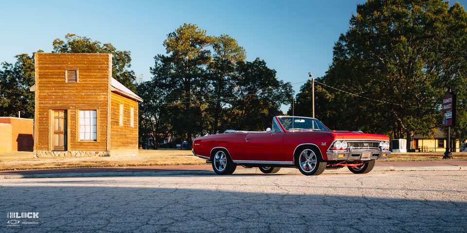 Wide Front Side View of a 1966 Chevrolet Chevelle SS Convertible Parked in an Empty Parking Lot