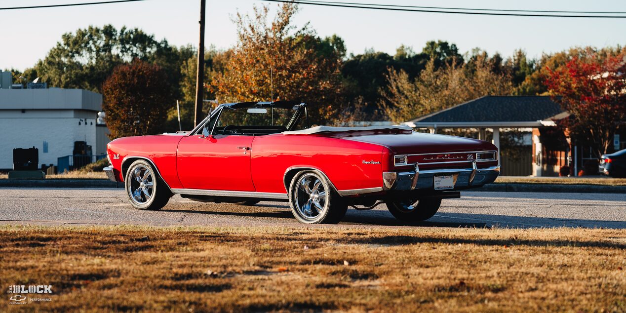 Wide Rear Side View of a 1966 Chevrolet Chevelle SS Convertible Parked in an Empty Parking Lot