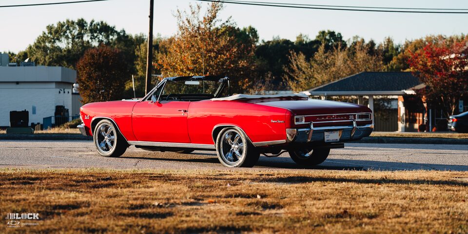 Wide Rear Side View of a 1966 Chevrolet Chevelle SS Convertible Parked in an Empty Parking Lot