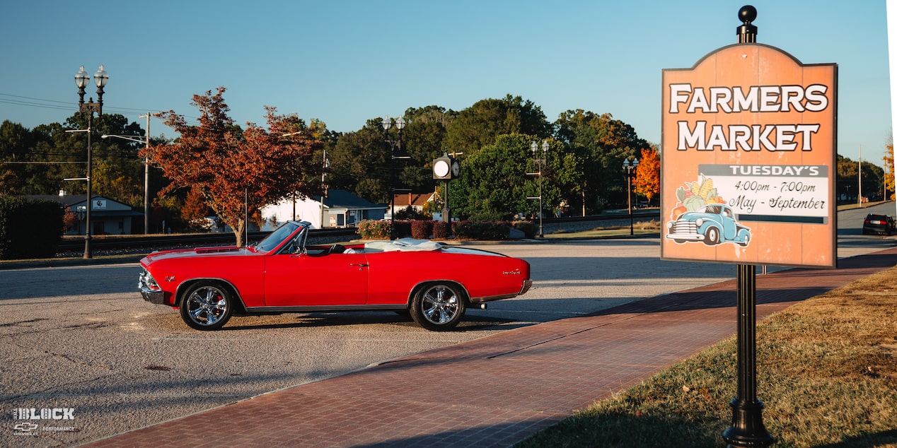 Wide Side View of a 1966 Chevrolet Chevelle SS Convertible Parked in an Empty Parking Lot Next to a Farmers Market Sign