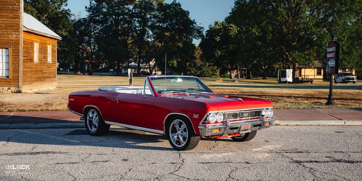 Front Three-Quarter View of a 1966 Chevrolet Chevelle SS Convertible Parked in an Empty Parking Lot