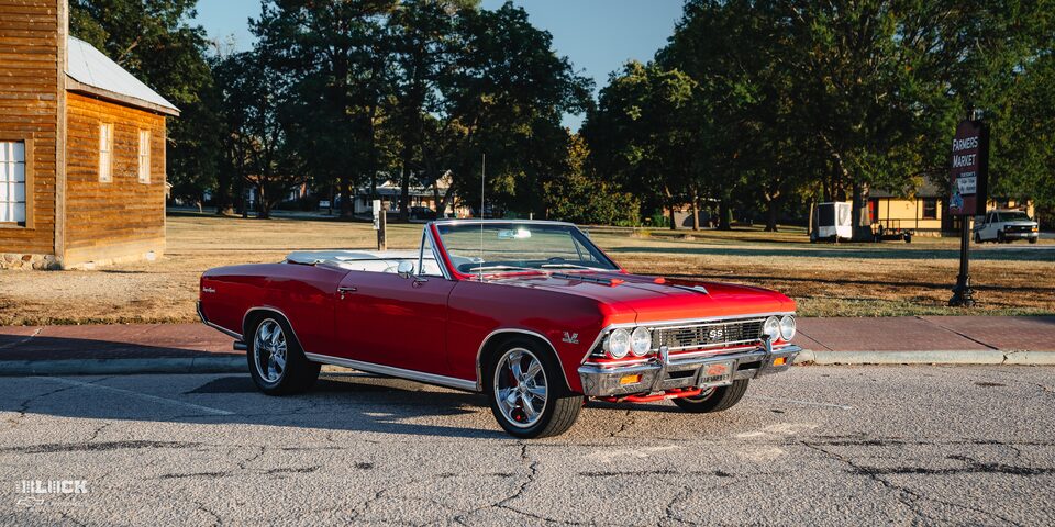 Front Three-Quarter View of a 1966 Chevrolet Chevelle SS Convertible Parked in an Empty Parking Lot