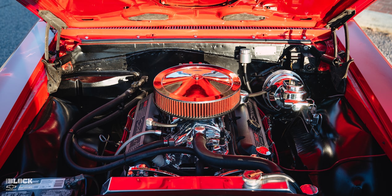 Front View of the Engine Bay in a 1966 Chevrolet Chevelle SS Convertible