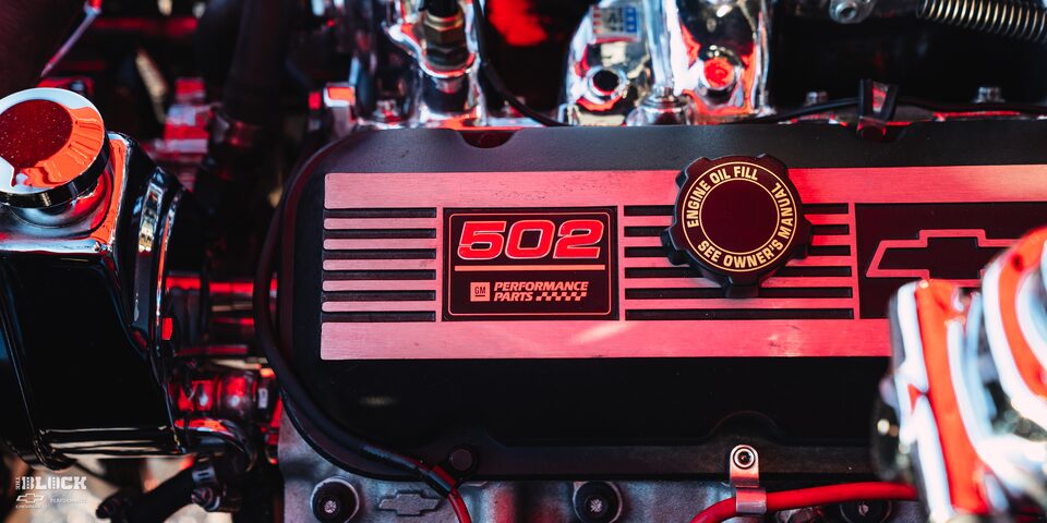 Close-up of GM Badging on the Engine in a 1966 Chevrolet Chevelle SS Convertible