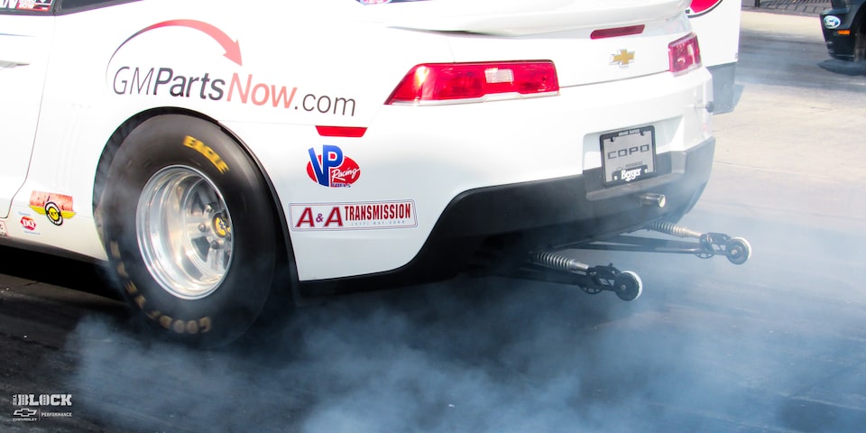 Noonan performs a burnout before a run during August’s COPO Camaro Shootout at Summit Motorsports Park.