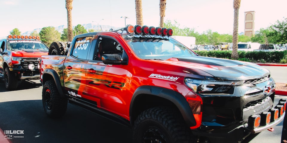 Hall Racing participates in a wide variety of events in its 2023 Colorado ZR2 and Silverado ZR2 off-road race trucks. Here they are in line for tech inspection at Best in the Desert: Vegas to Reno.