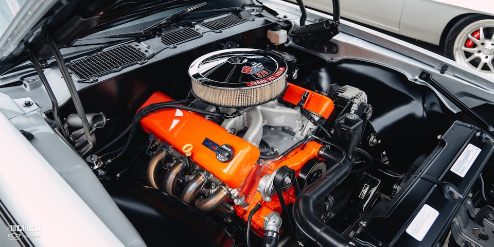Front Three-Quarters Close-up View of the Engine Bay in a Second-Gen Chevrolet Camaro