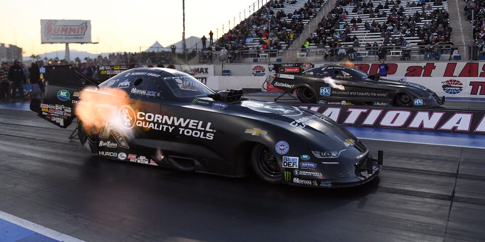 With the win, Hight (near lane) and his John Force Racing Chevrolet Camaro SS team are now just 17 markers out of the Funny Car points lead with one event remaining.