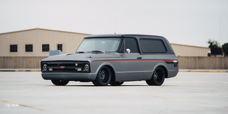 Front Three-Quarters View of 1970 Chevy K5 Blazer in a Parking Lot