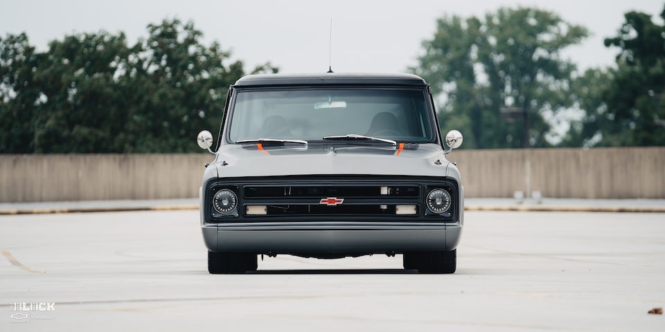 Front Head-On View of 1970 Chevy K5 Blazer in a Parking Lot
