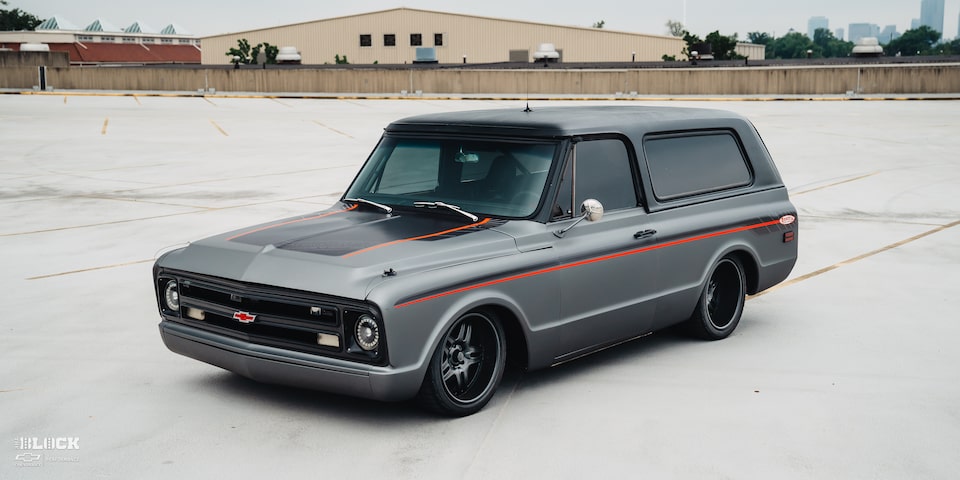 Close-up of Front Three-Quarters View of 1970 Chevy K5 Blazer in a Parking Lot