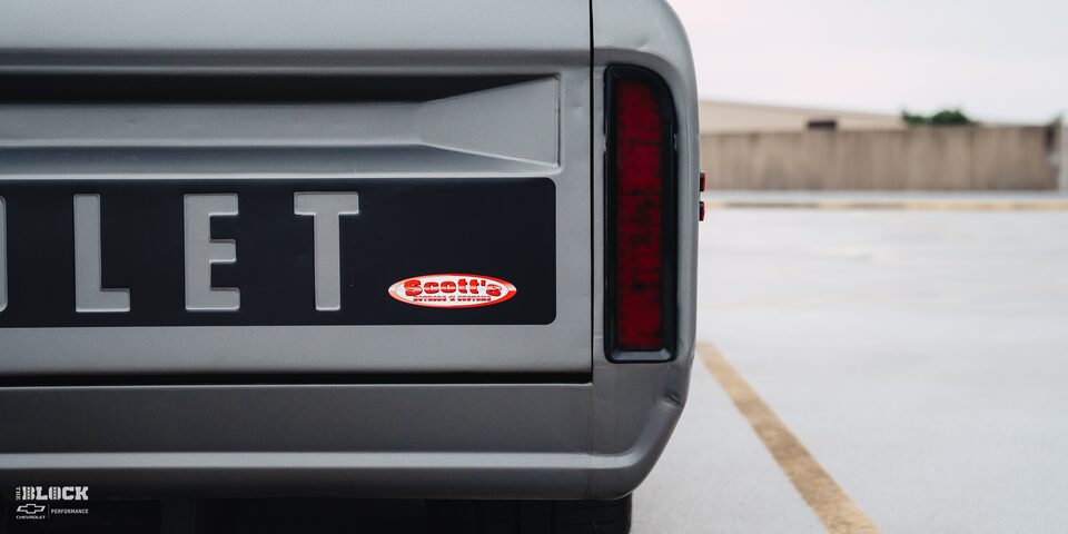 Close-up of Rear View of 1970 Chevy K5 Blazer in a Parking Lot