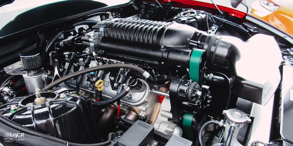 Closeup of the Engine in Richard Ingram's Red Copo Camaro