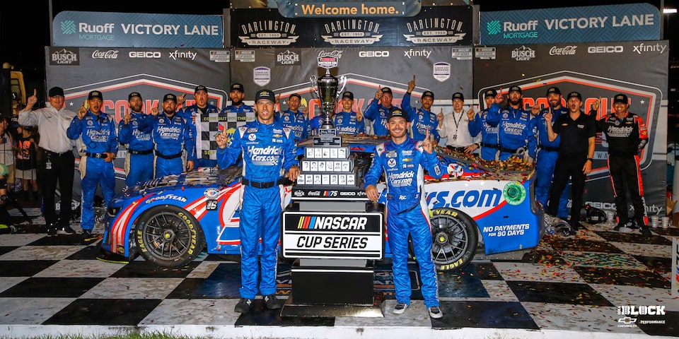 The Hendrick Motorsports No. 5 team in Darlington Raceway Victory Lane.