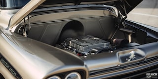 Three Quarters Close-up View of the Engine for 1958 Chevy Apache Pickup Truck with Its Hood Open