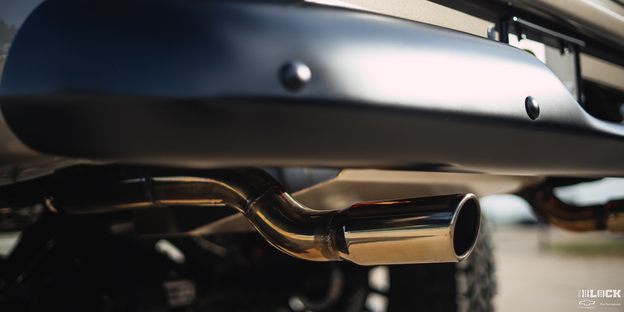 Close-up of a Fuel Exhaust Shining Underneath the 1958 Chevy Apache Pickup Truck