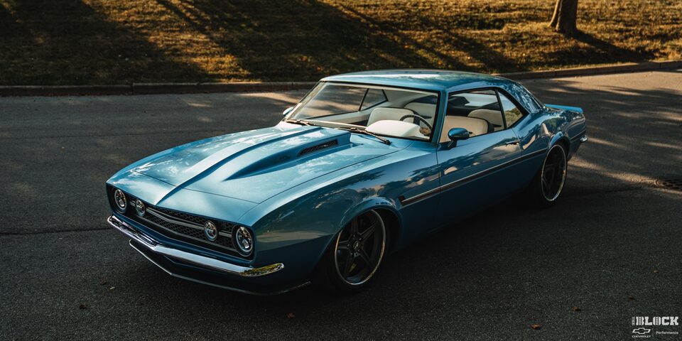 Three Quarters View of a Blue 1968 Chevrolet Camaro