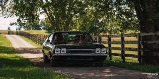 Three Quarters View of a 1969 Black Chevy Chevelle Parked under Shade and Surrounded by Grass and Trees