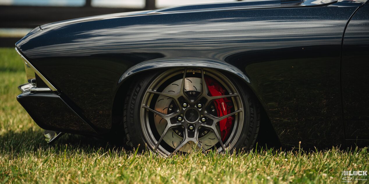 Side Low View of the Front Left Tire of a 1969 Black Chevy Chevelle
