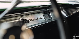 View of the Dashboard Through the Steering Wheel in a 1957 Chevrolet Sedan Delivery