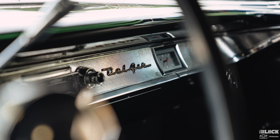 View of the Dashboard Through the Steering Wheel in a 1957 Chevrolet Sedan Delivery