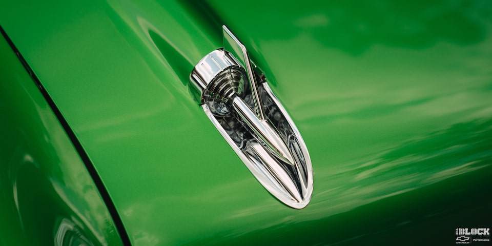 Close-up of the Hood of a Synergy Green 1957 Chevrolet Sedan Delivery