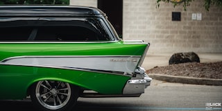 View of the Rear Driver Side Half of a Synergy Green 1957 Chevrolet Sedan Delivery