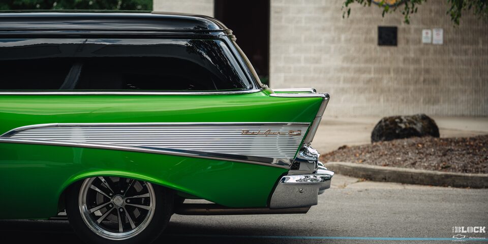 View of the Rear Driver Side Half of a Synergy Green 1957 Chevrolet Sedan Delivery