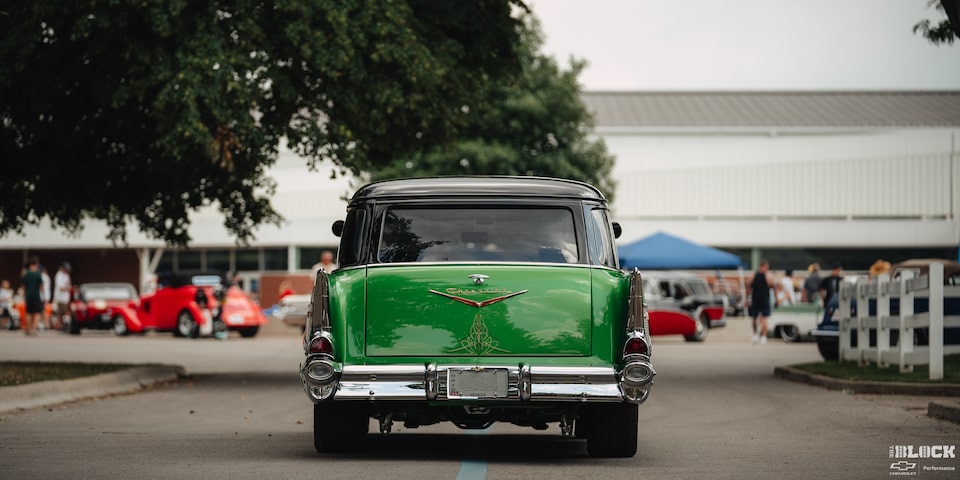 Rear View of a Synergy Green 1957 Chevrolet Sedan Delivery