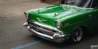 Leftside Overhead View of the Front of a Synergy Green 1957 Chevrolet Sedan Delivery