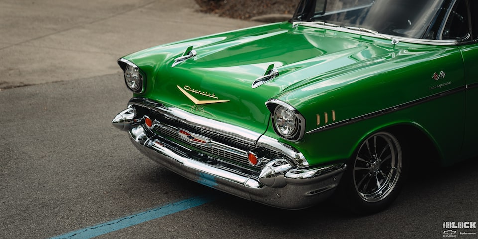 Leftside Overhead View of the Front of a Synergy Green 1957 Chevrolet Sedan Delivery