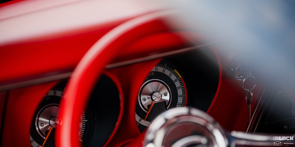 Close-up of a Speedometer for 1968 Chevy Camaro Seen through the Steering Wheel