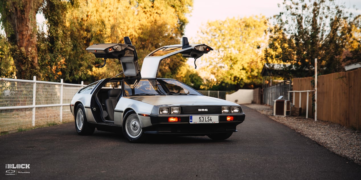 Front Three-Quarters View of Steve Flanagan's 1981 DMC DeLorean Parked on a Driveway