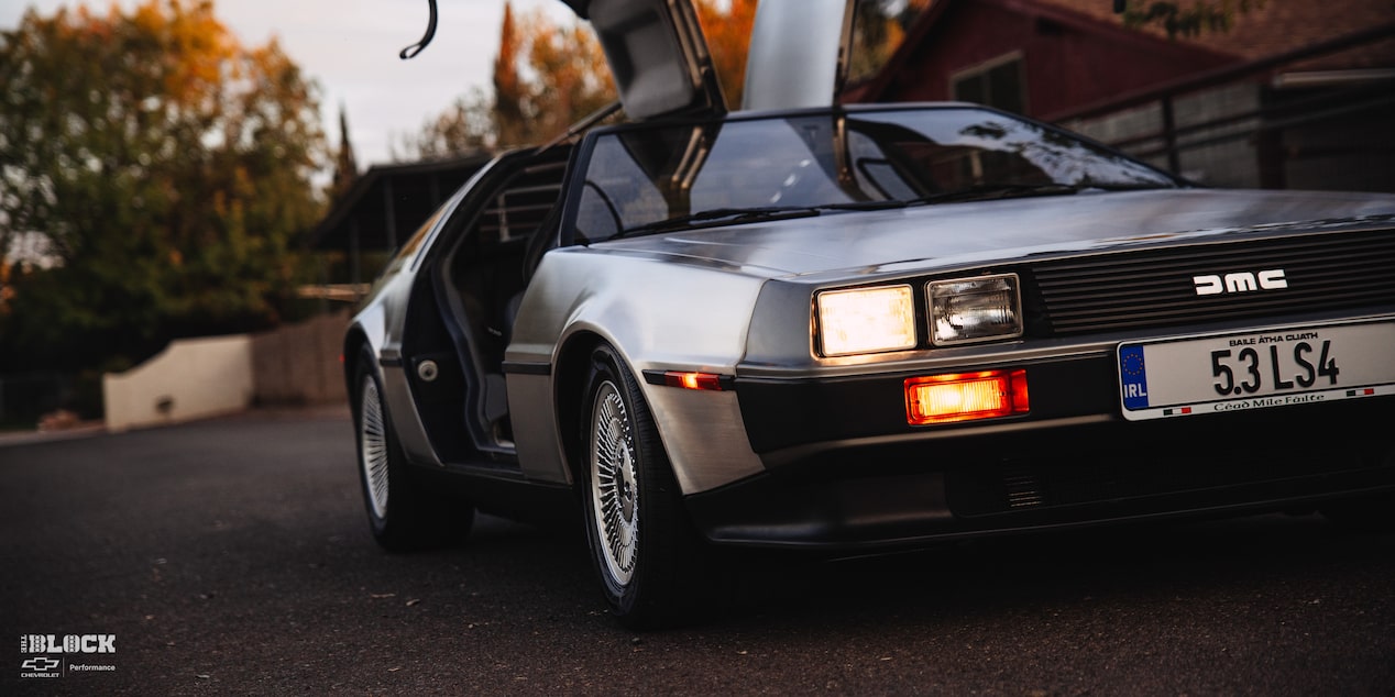 Close-up Front Three-Quarters View of Steve Flanagan's 1981 DMC DeLorean Parked on a Driveway