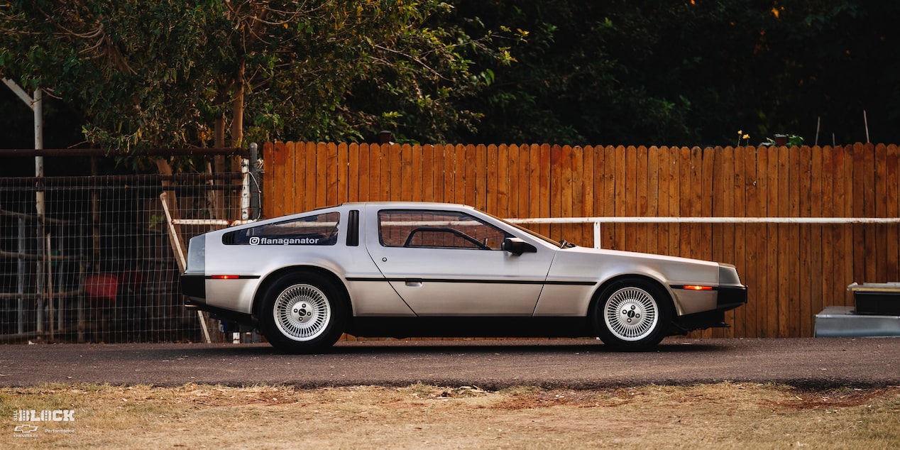 The DeLorean maintains its unique exterior appearance.