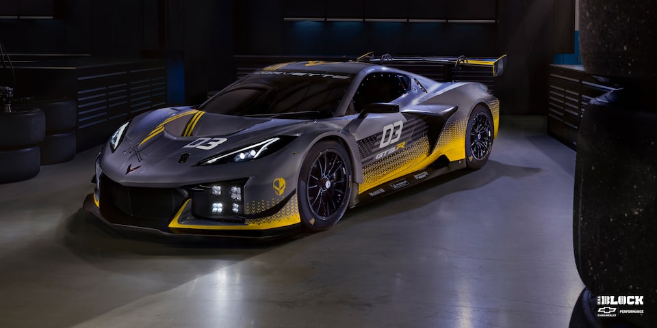 Front Three-Quarters View of a Chevrolet Corvette Z06 GT3.R on Display in a Showroom