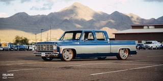 Front Three-Quarters View of Rodney Harris' Chevrolet 1979 C10 Crew Cab Truck in a Parking Lot