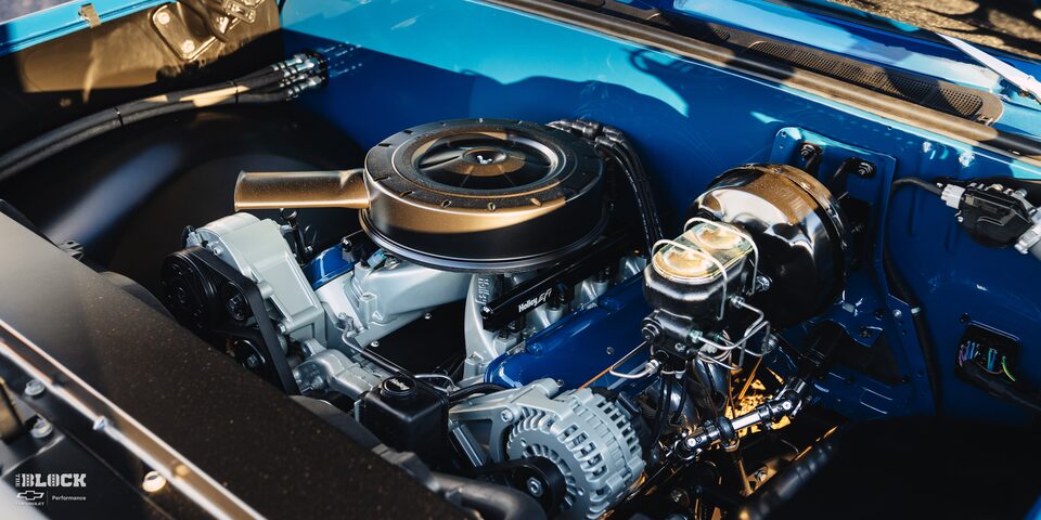 Close-up Front Three-Quarters View of the Engine Bay in Rodney Harris' Chevrolet 1979 C10 Crew Cab Truck