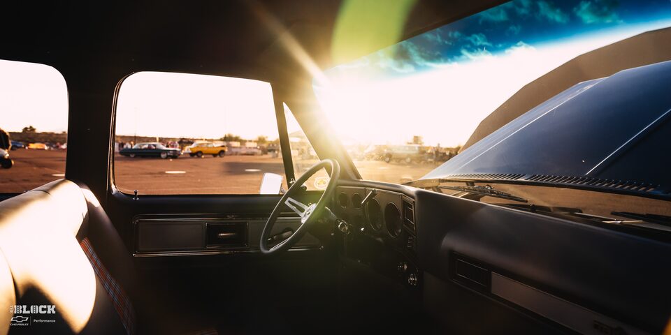 Interior View of the Driver's Seat in Rodney Harris' Chevrolet 1979 C10 Crew Cab Truck