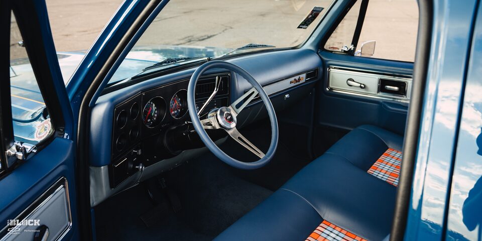 View of the Driver's Seat and Steering Wheel in Rodney Harris' Chevrolet 1979 C10 Crew Cab Truck