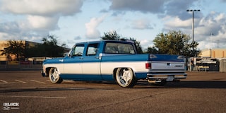 Rear Three-Quarters View of Rodney Harris' Chevrolet 1979 C10 Crew Cab Truck in a Parking Lot