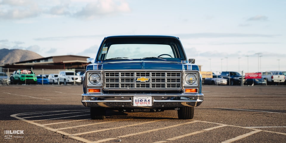 Front View of Rodney Harris' Chevrolet 1979 C10 Crew Cab Truck in a Parking Lot
