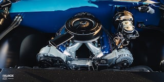 Close-up Front View of the Engine Bay in Rodney Harris' Chevrolet 1979 C10 Crew Cab Truck