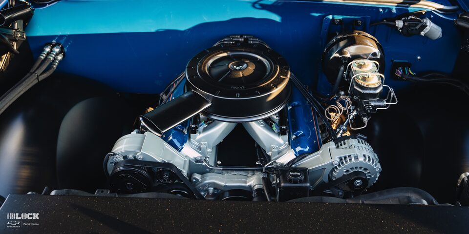 Close-up Front View of the Engine Bay in Rodney Harris' Chevrolet 1979 C10 Crew Cab Truck