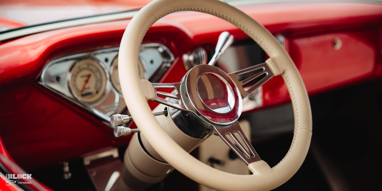 Close-up View of the Steering Wheel in David Kinnison's 1957 Chevrolet 3100 Truck